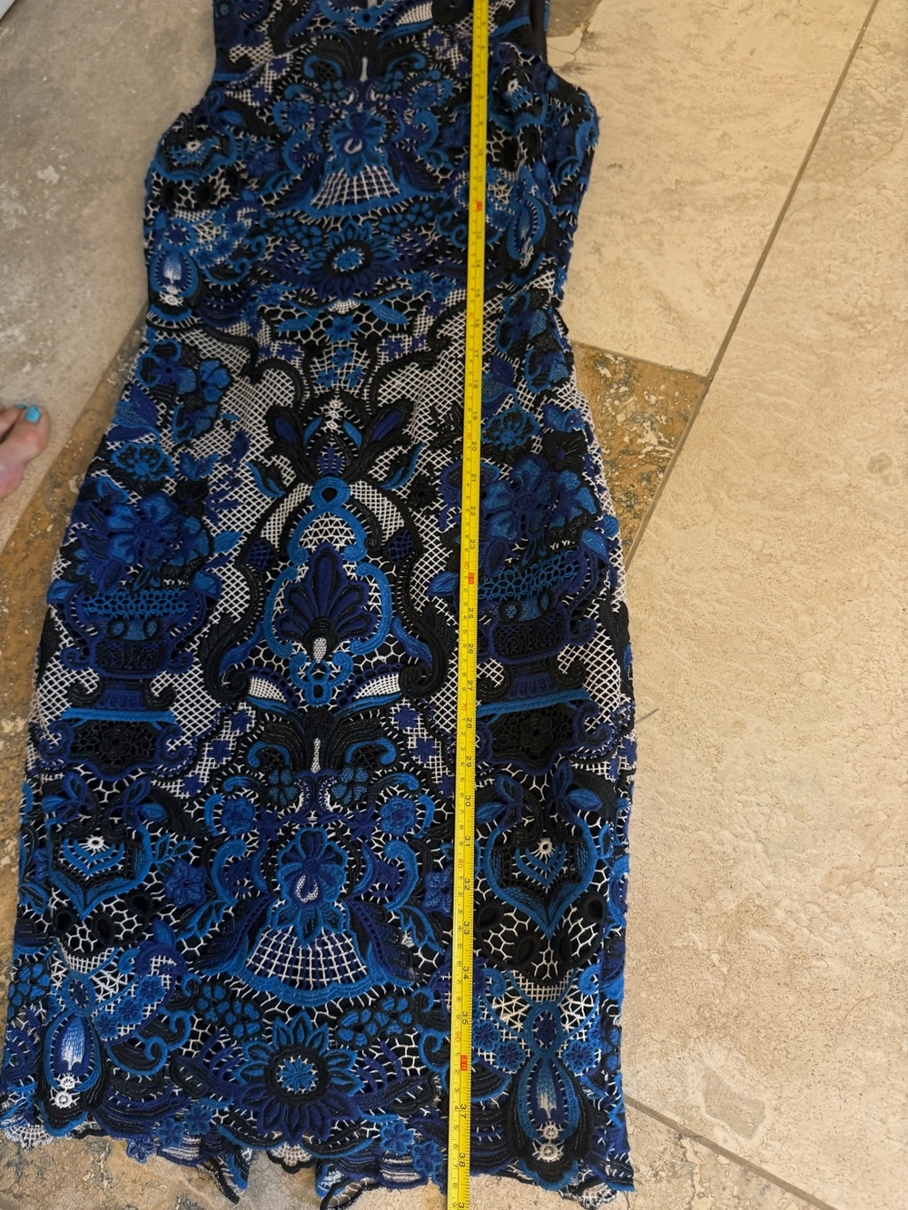 Badgley Mischka Blue Patterned Lace/Mesh Overlay Midi Sheath Dress - Picture 8 of 12
